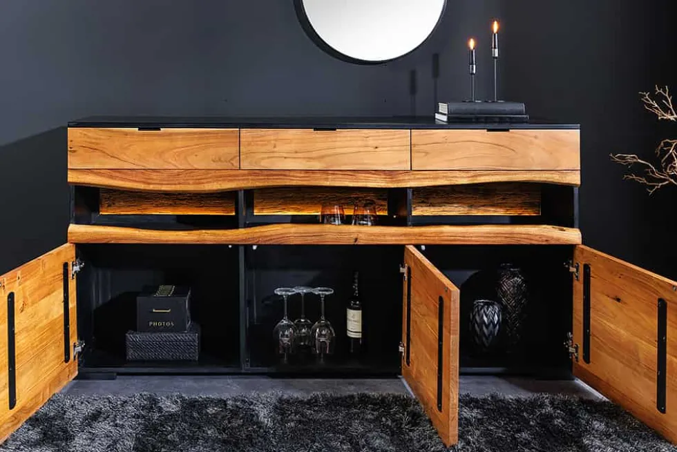 Massivholz Sideboard GRAND ACACIA 180cm braun Akazie mit LED-Beleuchtung Baumkante