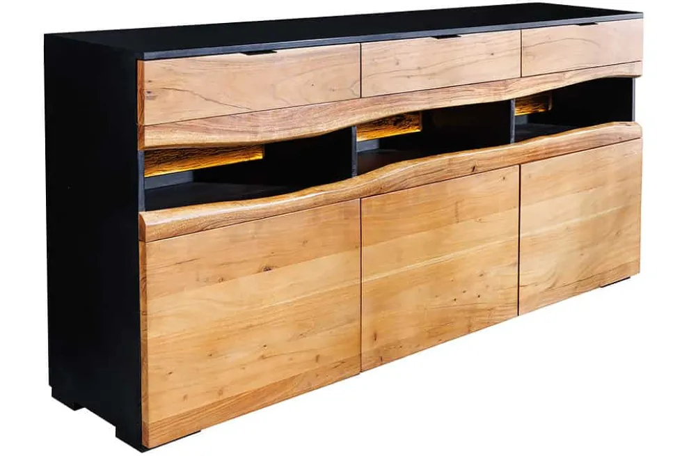 Massivholz Sideboard GRAND ACACIA 180cm braun Akazie mit LED-Beleuchtung Baumkante