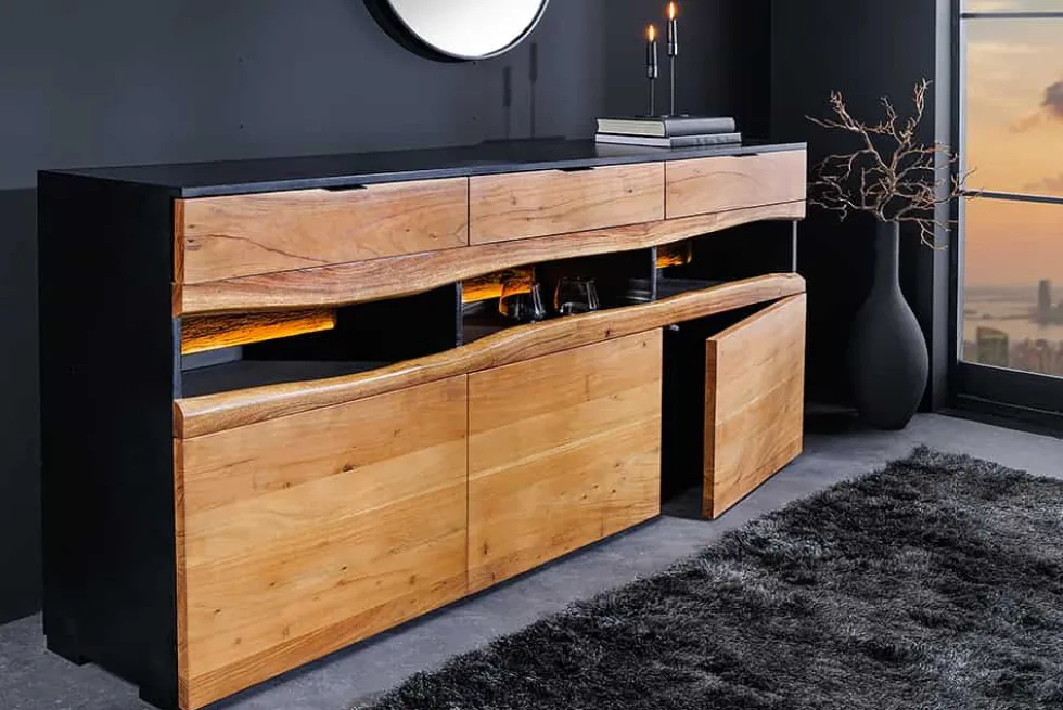Massivholz Sideboard GRAND ACACIA 180cm braun Akazie mit LED-Beleuchtung Baumkante
