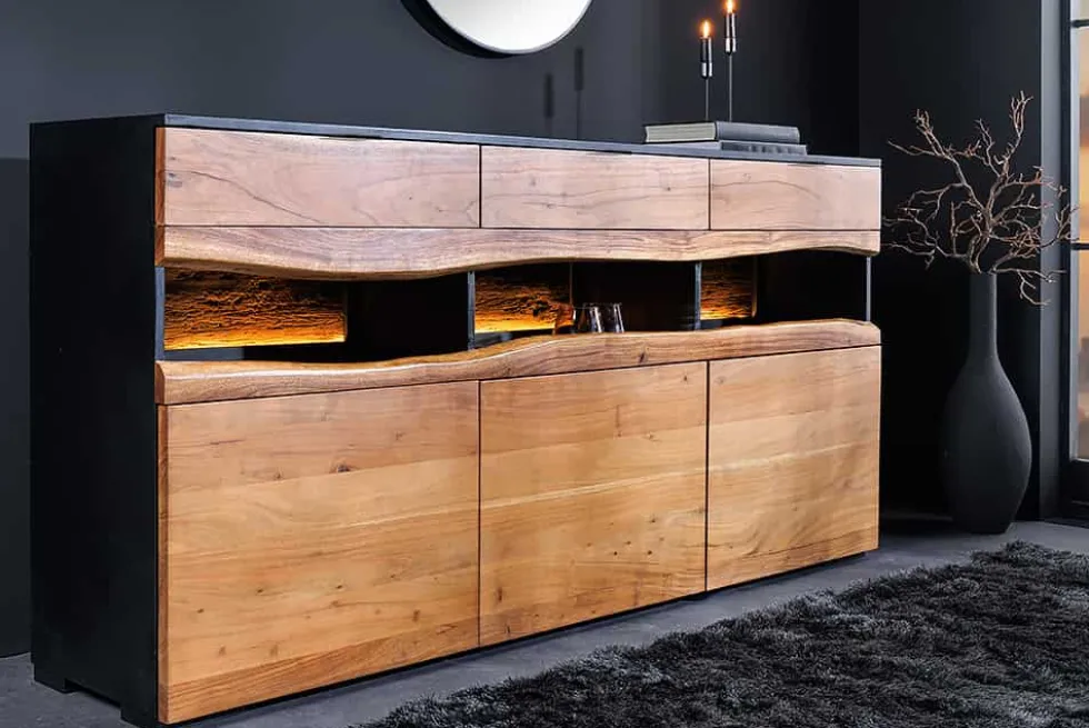 Massivholz Sideboard GRAND ACACIA 180cm braun Akazie mit LED-Beleuchtung Baumkante