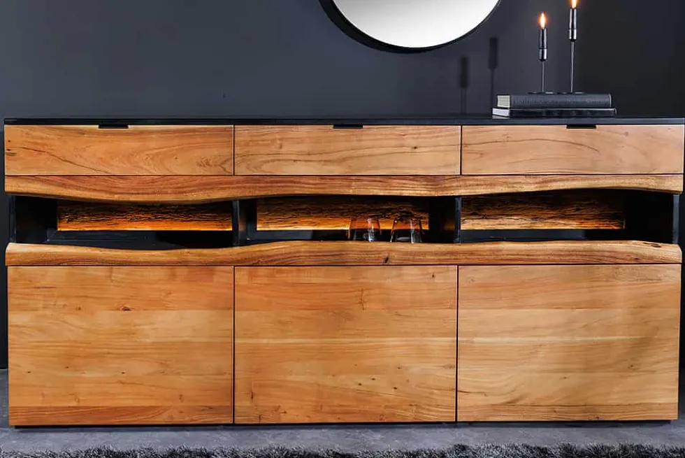 Massivholz Sideboard GRAND ACACIA 180cm braun Akazie mit LED-Beleuchtung Baumkante
