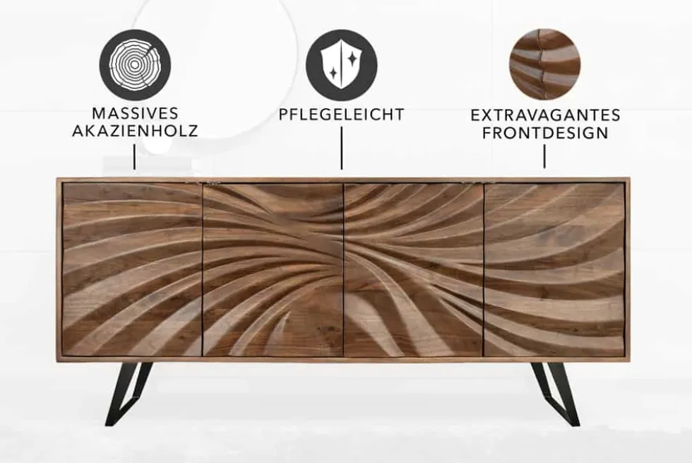 Massivholz Sideboard HURRICANE 175cm braun Akazie 3D-Design