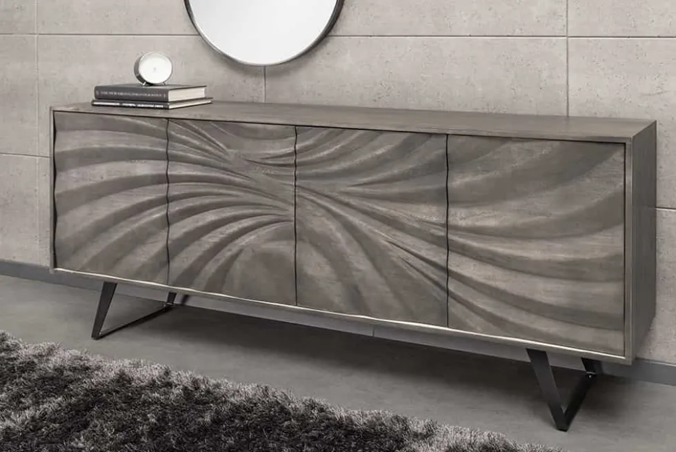 Massivholz Sideboard HURRICANE 175cm grau Akazie 3D-Design