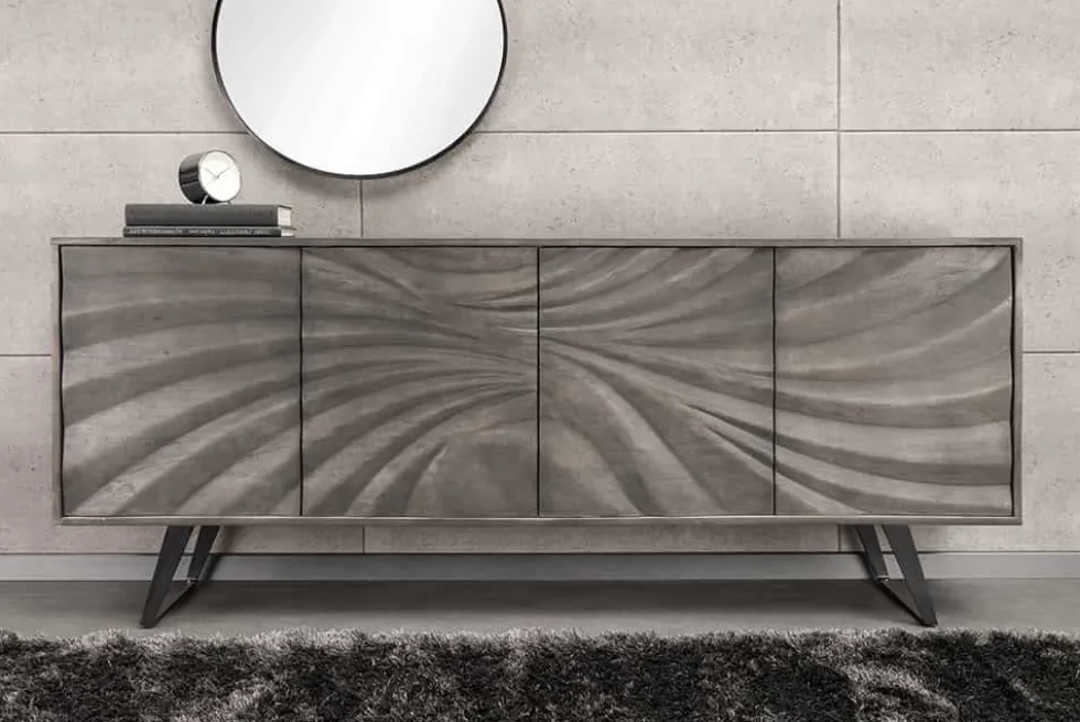 Massivholz Sideboard HURRICANE 175cm grau Akazie 3D-Design