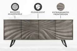 Massivholz Sideboard HURRICANE 175cm grau Akazie 3D-Design