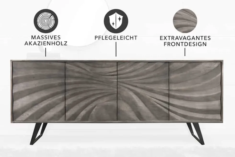 Massivholz Sideboard HURRICANE 175cm grau Akazie 3D-Design
