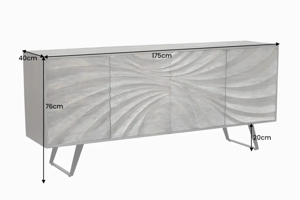 Massivholz Sideboard HURRICANE 175cm grau Akazie 3D-Design