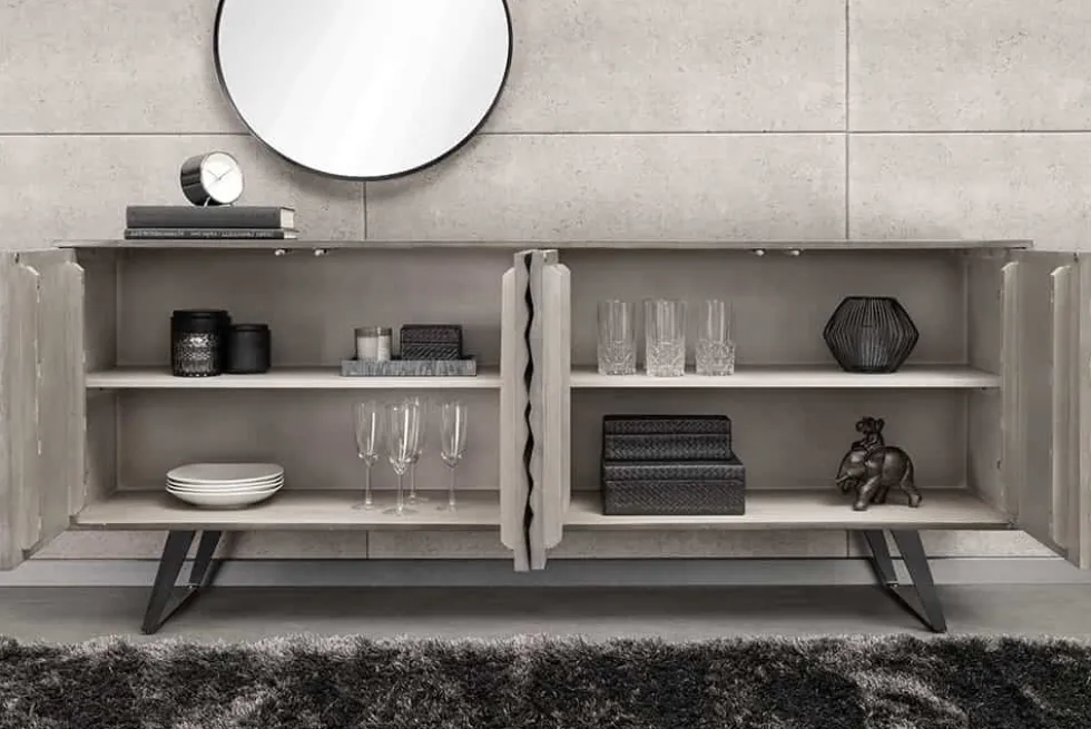 Massivholz Sideboard HURRICANE 175cm grau Akazie 3D-Design