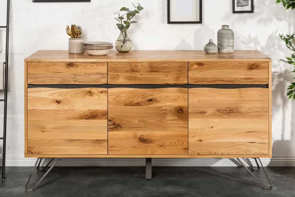 Massivholz Sideboard LIVING EDGE 160cm Wildeiche Metall schwarz Baumkante mit Schubladen