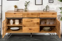 Massivholz Sideboard LIVING EDGE 160cm Wildeiche Metall schwarz Baumkante mit Schubladen