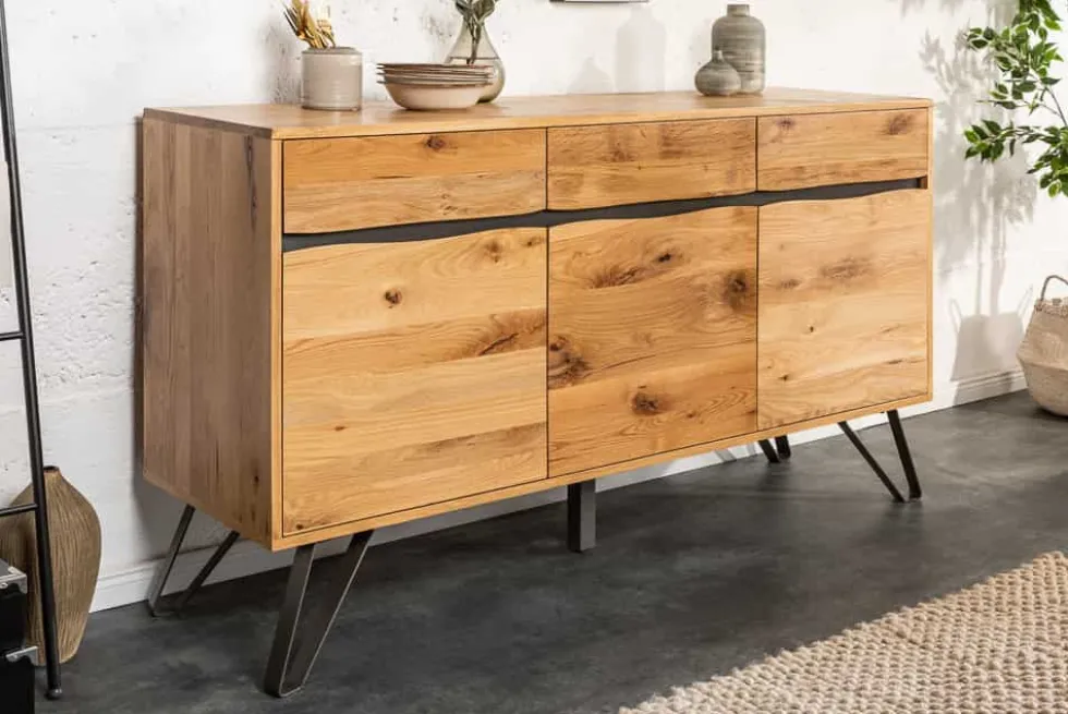 Massivholz Sideboard LIVING EDGE 160cm Wildeiche Metall schwarz Baumkante mit Schubladen