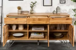 Massivholz Sideboard LIVING EDGE 160cm Wildeiche Metall schwarz Baumkante mit Schubladen
