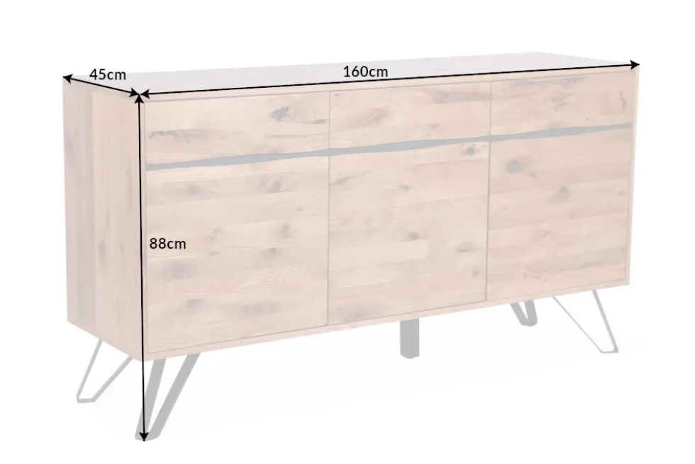 Massivholz Sideboard LIVING EDGE 160cm Wildeiche Metall schwarz Baumkante mit Schubladen
