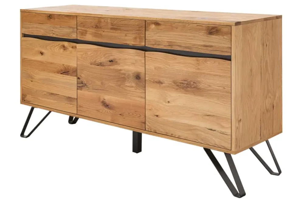 Massivholz Sideboard LIVING EDGE 160cm Wildeiche Metall schwarz Baumkante mit Schubladen