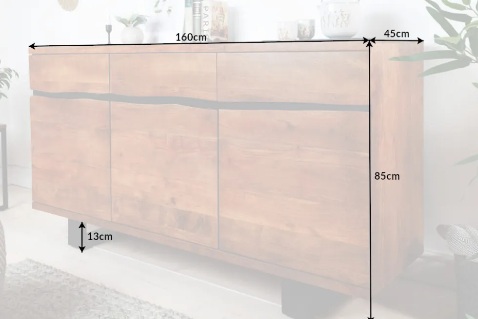 Massivholz Sideboard MAMMUT 160cm Akazie honey finish Metall Baumkante mit Schubladen