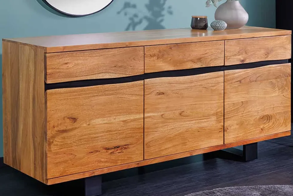 Massivholz Sideboard MAMMUT 160cm Akazie honey finish Metall Baumkante mit Schubladen
