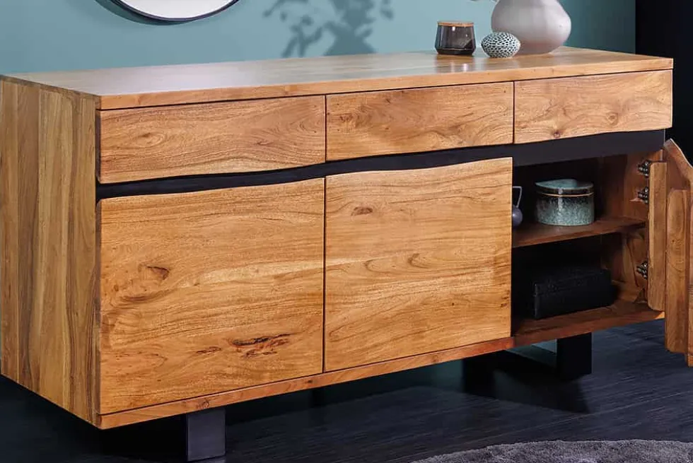 Massivholz Sideboard MAMMUT 160cm Akazie honey finish Metall Baumkante mit Schubladen