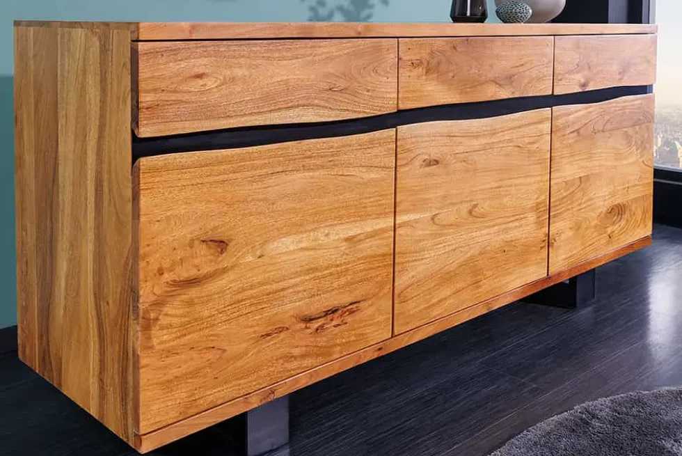 Massivholz Sideboard MAMMUT 160cm Akazie honey finish Metall Baumkante mit Schubladen