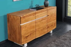 Massivholz Sideboard MAMMUT 135cm Akazie Kommode mit Schubladen Baumkante Edelstahl