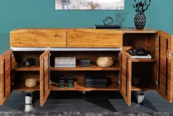 Massivholz Sideboard MAMMUT 170cm Akazie Baumkante mit Schubladen Kufengestell Edelstahl