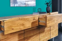 Massivholz Sideboard MAMMUT 170cm Akazie Baumkante mit Schubladen Kufengestell Edelstahl