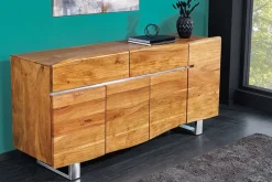 Massivholz Sideboard MAMMUT 170cm Akazie Baumkante mit Schubladen Kufengestell Edelstahl