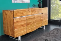 Massivholz Sideboard MAMMUT 170cm Akazie Baumkante mit Schubladen Kufengestell Edelstahl