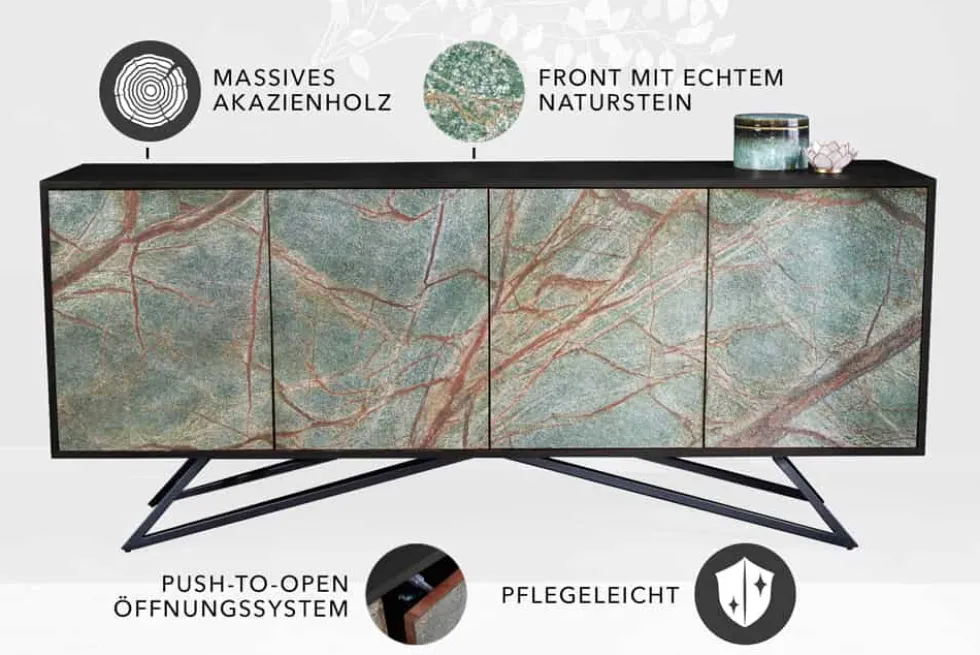 Massivholz Sideboard MOUNTAIN SOUL 175cm echter Naturstein schwarz Akazie Anrichte