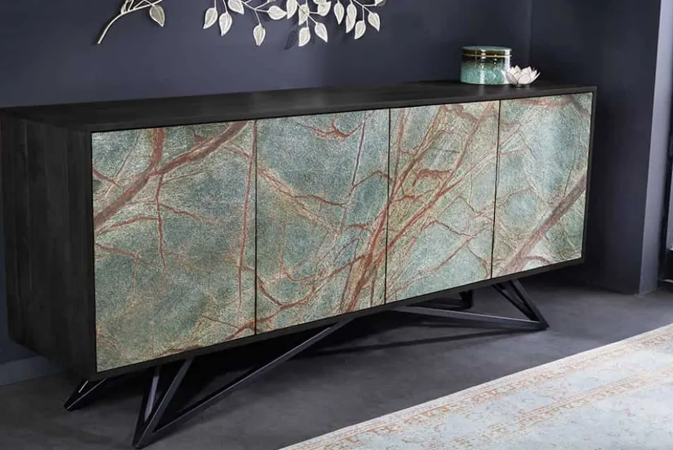 Massivholz Sideboard MOUNTAIN SOUL 175cm echter Naturstein schwarz Akazie Anrichte
