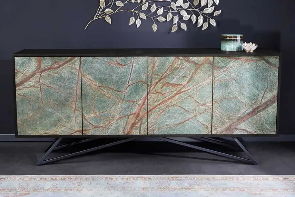 Massivholz Sideboard MOUNTAIN SOUL 175cm echter Naturstein schwarz Akazie Anrichte