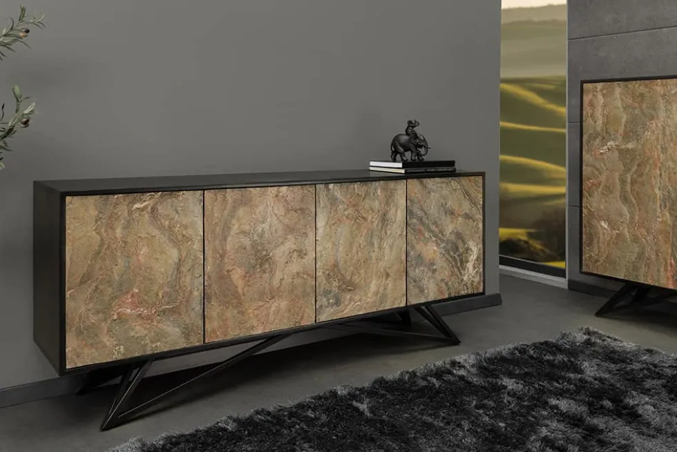 Massivholz Sideboard MOUNTAIN SOUL 175cm grau grün Naturstein Akazie schwarz