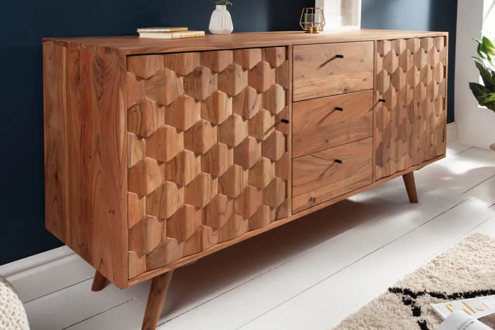 Massivholz Sideboard MYSTIC LIVING 145cm Akazie natur Kommode mit Schubladen 3D-Design