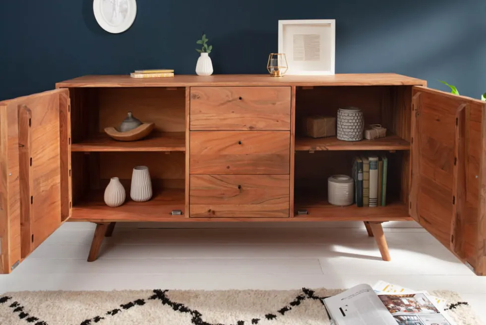 Massivholz Sideboard MYSTIC LIVING 145cm Akazie natur Kommode mit Schubladen 3D-Design