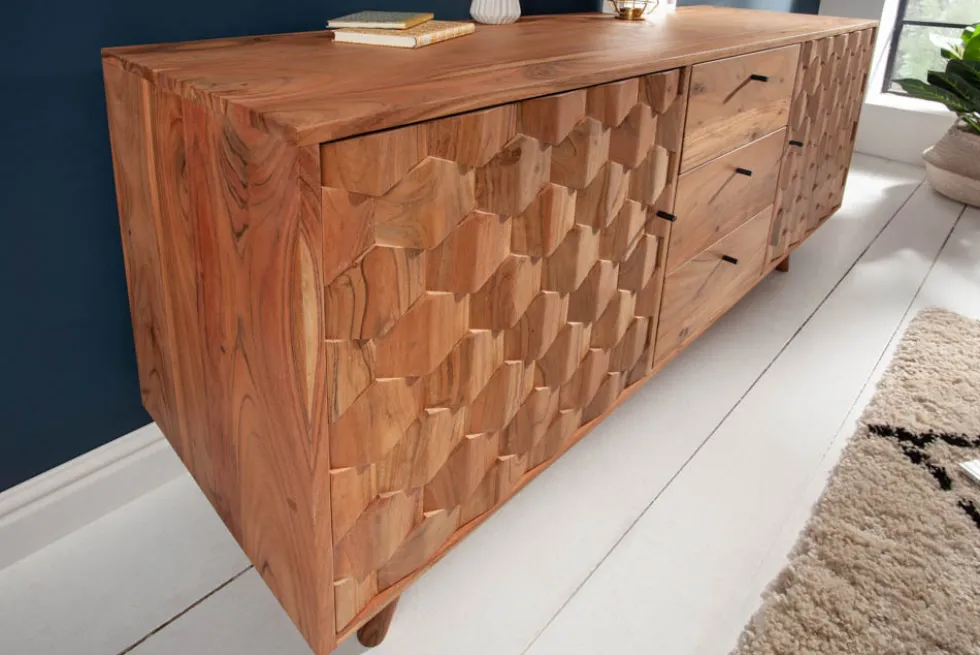 Massivholz Sideboard MYSTIC LIVING 145cm Akazie natur Kommode mit Schubladen 3D-Design