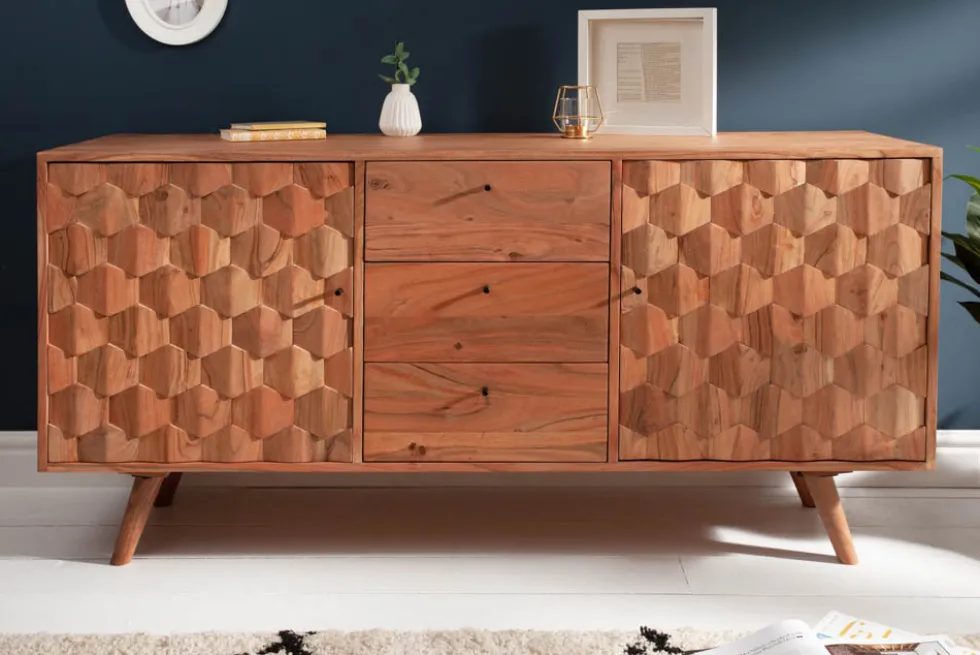 Massivholz Sideboard MYSTIC LIVING 145cm Akazie natur Kommode mit Schubladen 3D-Design