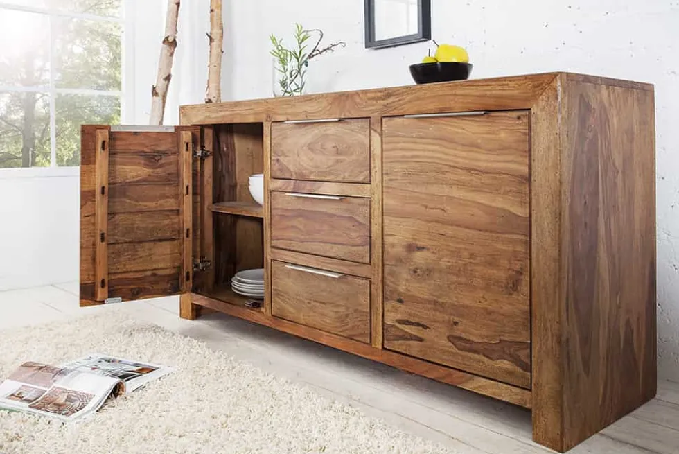 Massivholz Sideboard PURE 135cm braun Sheesham stone finish Kommode mit Schubladen