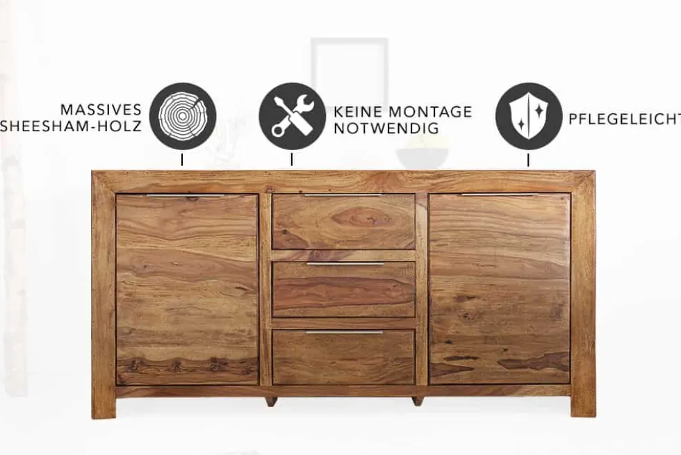 Massivholz Sideboard PURE 135cm braun Sheesham stone finish Kommode mit Schubladen