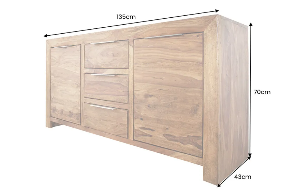 Massivholz Sideboard PURE 135cm braun Sheesham stone finish Kommode mit Schubladen