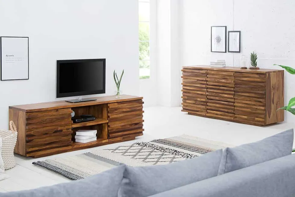 Massivholz Sideboard RELIEF 160cm braun Sheesham stone finish Kommode mit Schubladen