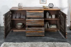 Massivholz Sideboard RELIEF 160cm Sheesham grau smoke finish Kommode mit Schubladen