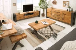 Massivholz Sideboard THOR 200cm mit Schubladen natur Wildeiche geölt Metall schwarz