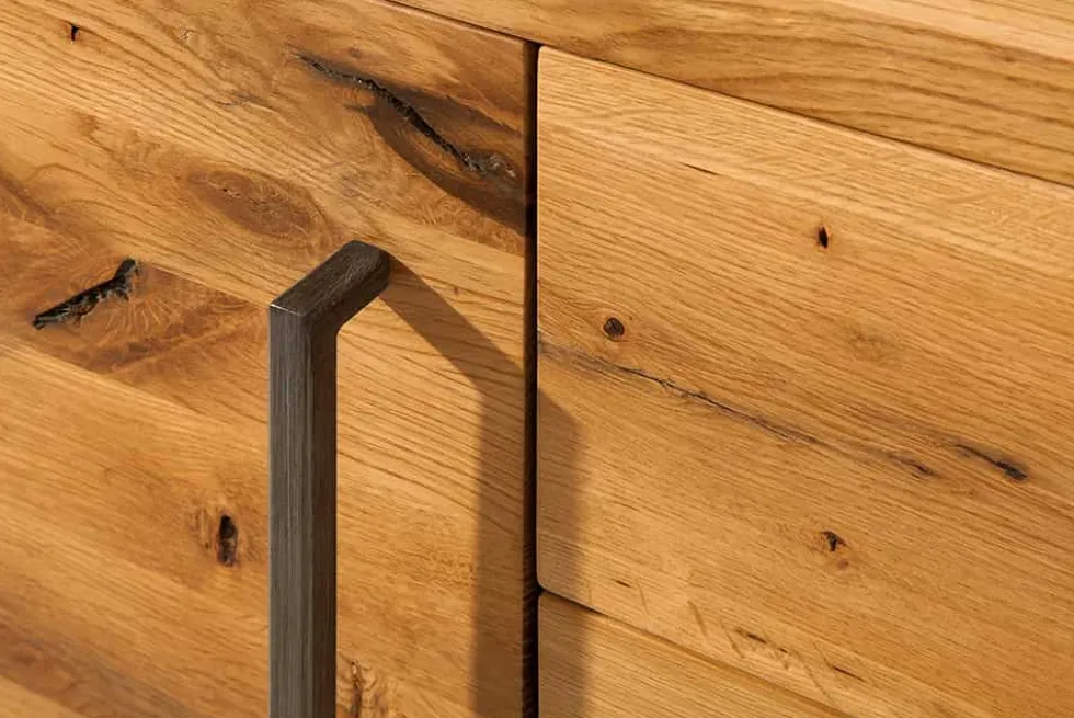 Massivholz Sideboard THOR 200cm mit Schubladen natur Wildeiche geölt Metall schwarz