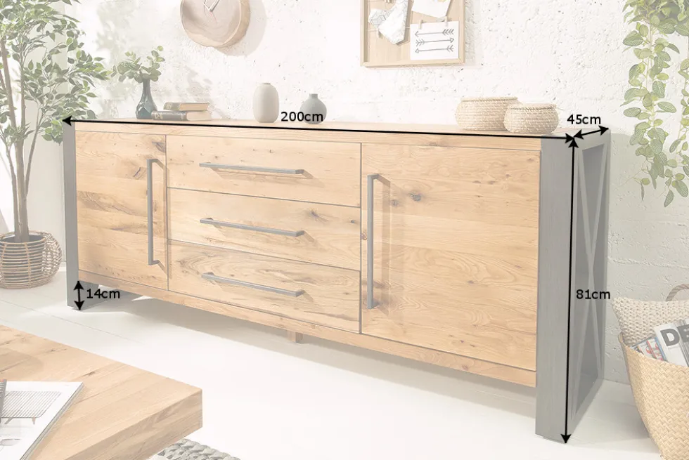 Massivholz Sideboard THOR 200cm mit Schubladen natur Wildeiche geölt Metall schwarz