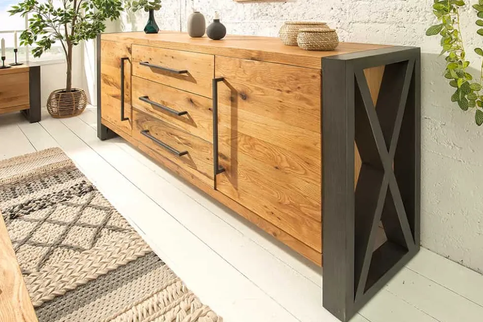 Massivholz Sideboard THOR 200cm mit Schubladen natur Wildeiche geölt Metall schwarz