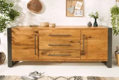 Massivholz Sideboard THOR 200cm mit Schubladen natur Wildeiche geölt Metall schwarz