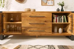 Massivholz Sideboard THOR 200cm mit Schubladen natur Wildeiche geölt Metall schwarz