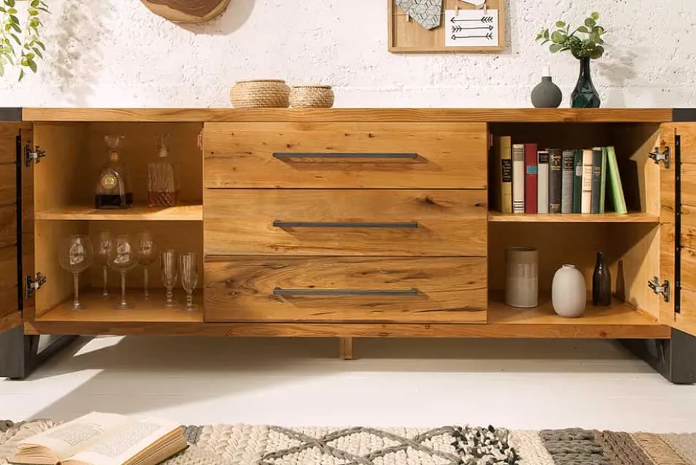 Massivholz Sideboard THOR 200cm mit Schubladen natur Wildeiche geölt Metall schwarz