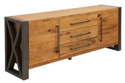Massivholz Sideboard THOR 200cm mit Schubladen natur Wildeiche geölt Metall schwarz