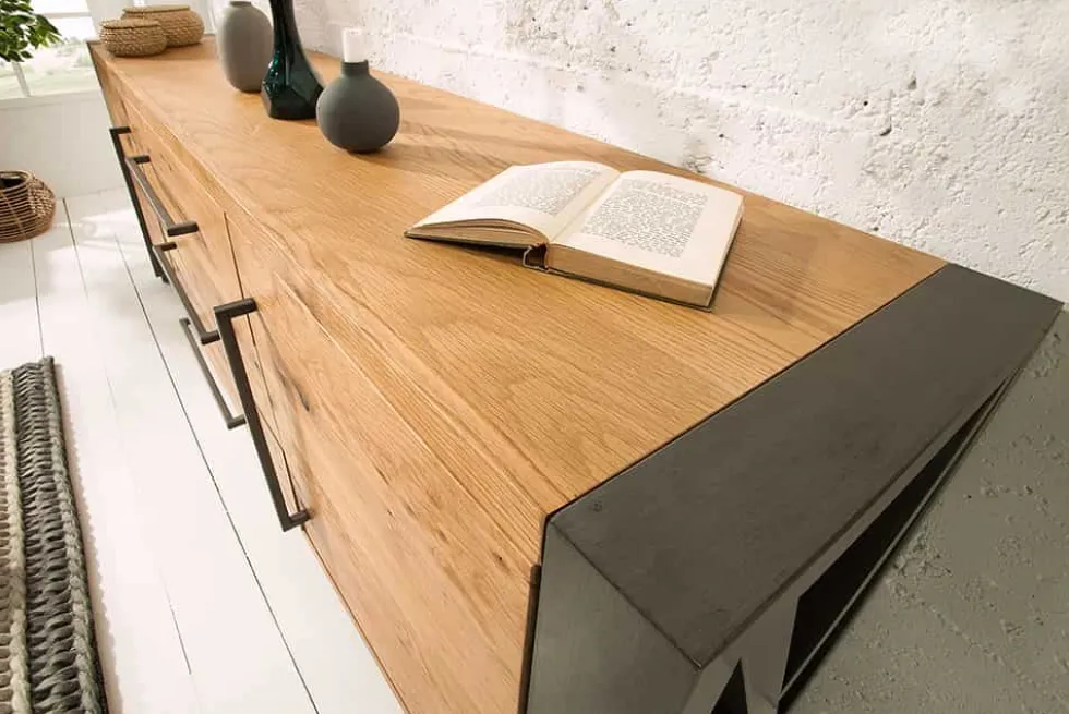Massivholz Sideboard THOR 200cm mit Schubladen natur Wildeiche geölt Metall schwarz