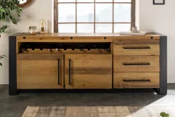 Massivholz Sideboard THOR 195cm braun Pinie mit Schubladen Weinregal Industrial Design